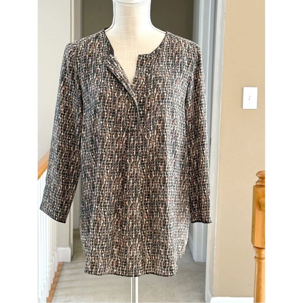 Lafayette 148 New York Silk Blend Abstract Print Tunic Top Brown Black Size 10